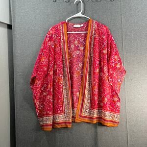 Belle by Kim Gravel Border Print Woven Cardigan Lipstick Pink Small